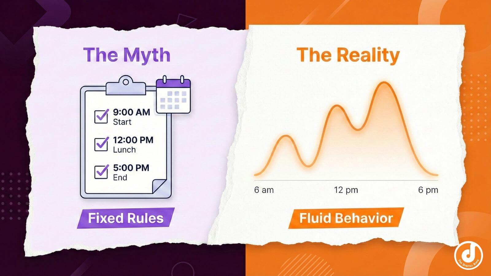 Comparison graphic contrasting rigid 9-5 email timing with fluid engagement data based on user behavior.