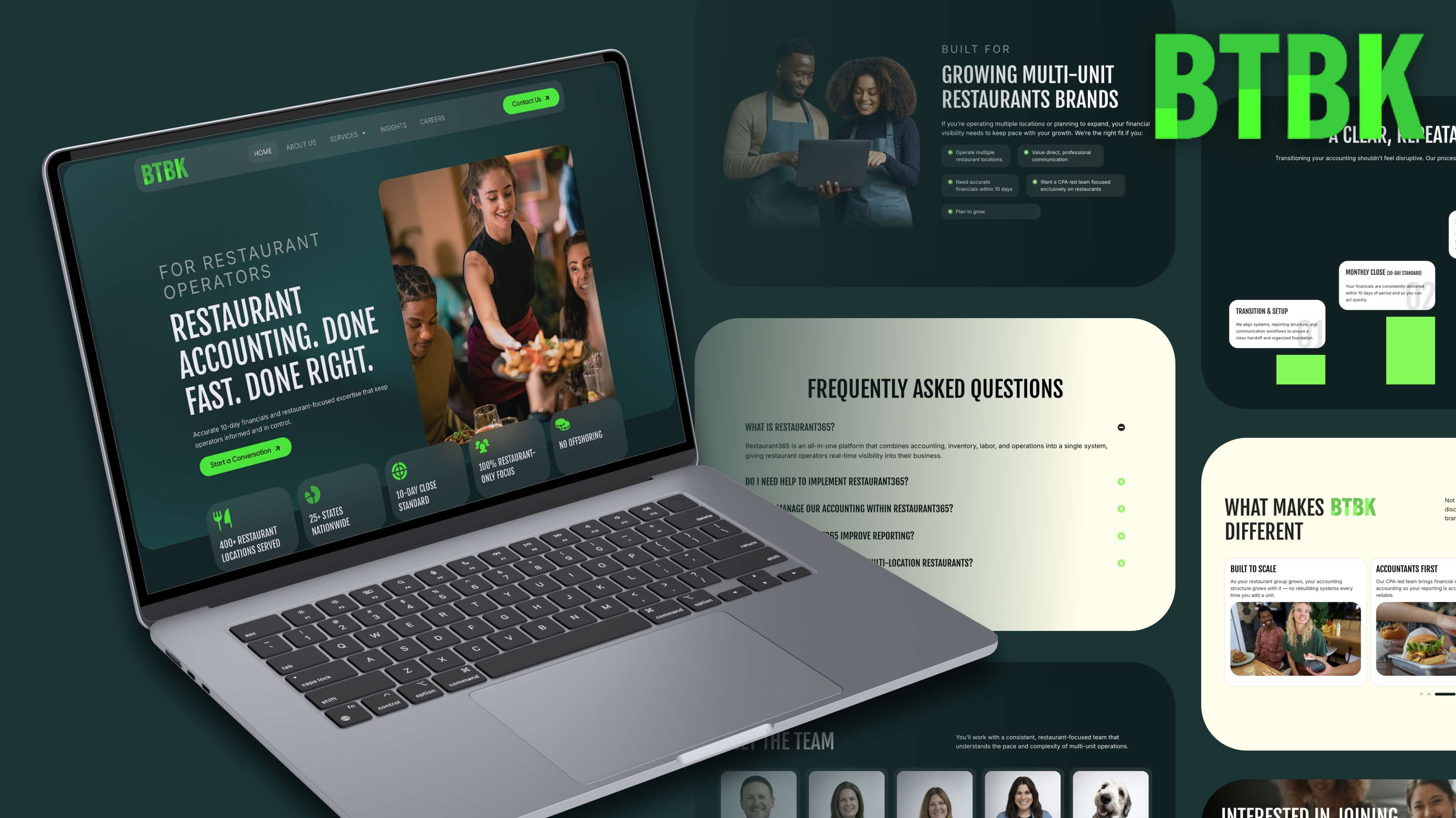 BTBK restaurant accounting website displayed on a laptop alongside homepage and website design mockups.