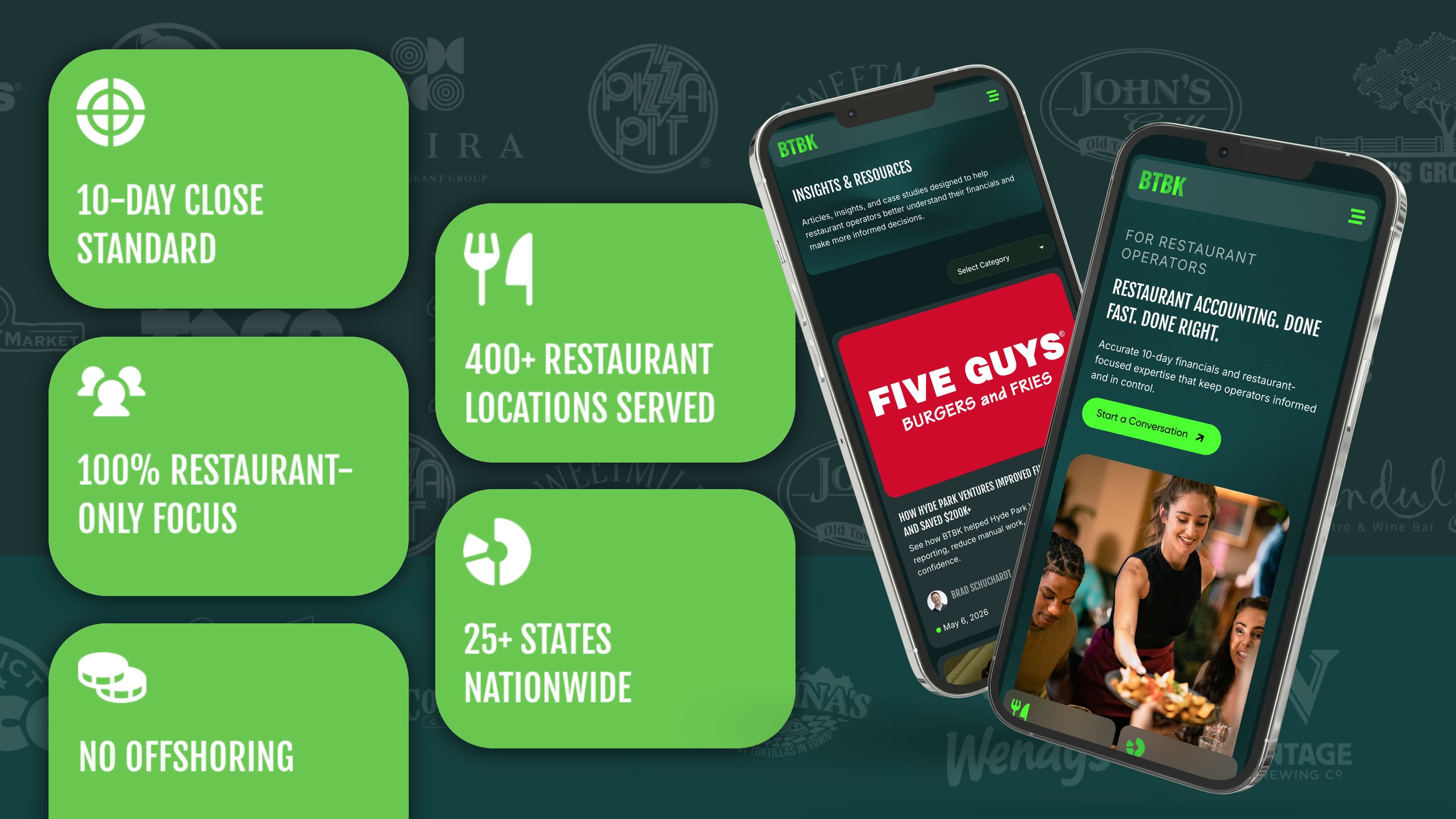Mobile views of the BTBK website highlighting restaurant accounting expertise, key differentiators, and Restaurant365 experience.
