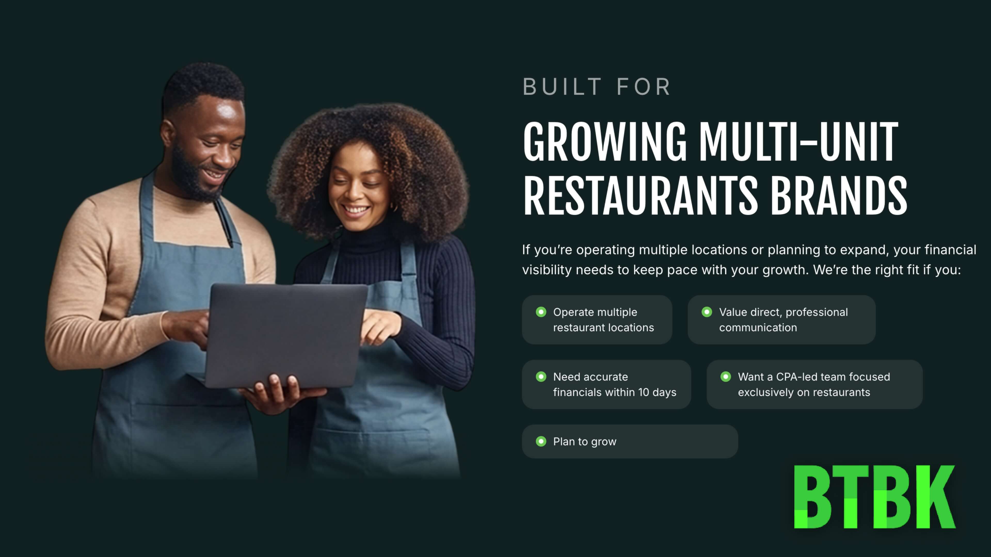  BTBK homepage hero promoting financial visibility and growth for multi-unit restaurant operators.
