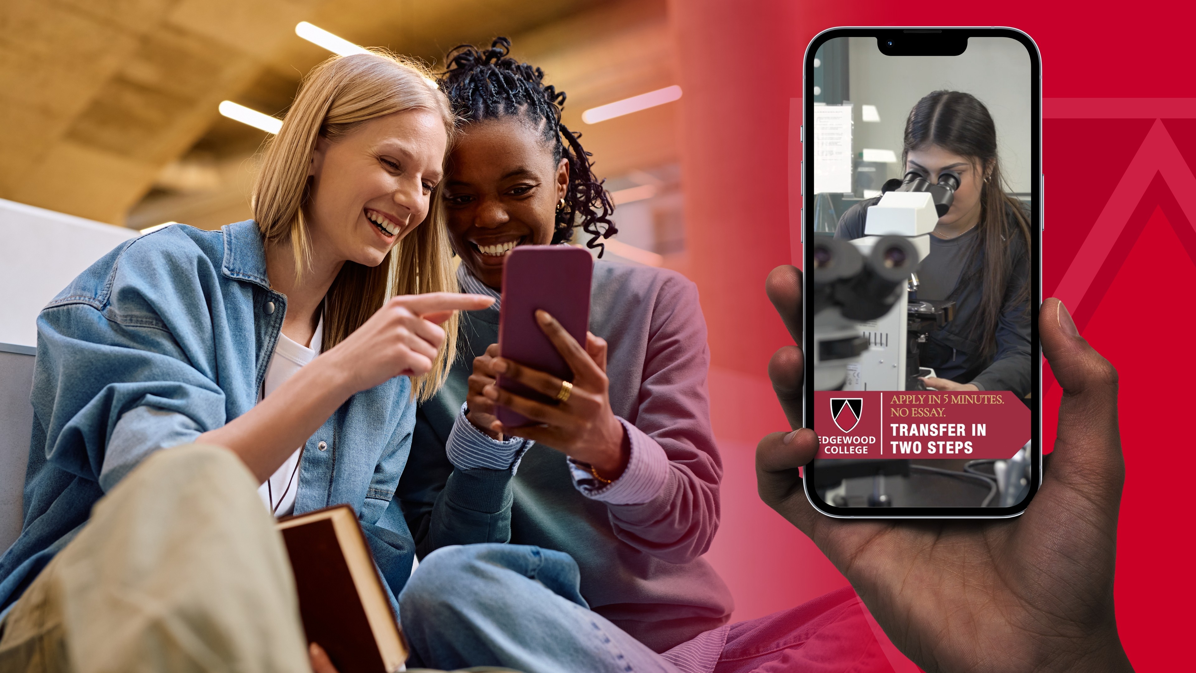 Students viewing a smartphone next to a transfer recruitment ad for Edgewood University.