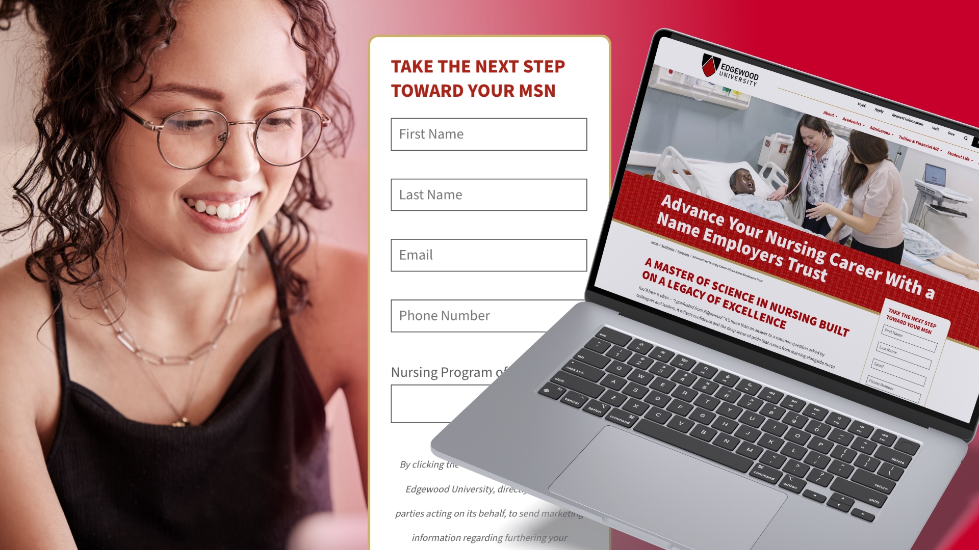 Prospective nursing student alongside an Edgewood University MSN program landing page with an online inquiry form.