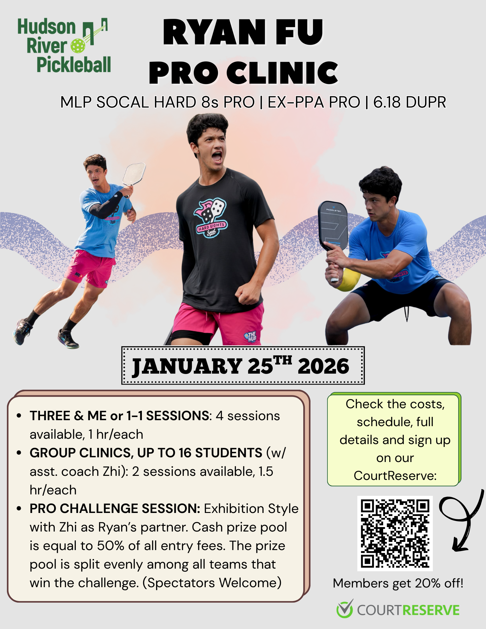 Hudson River Pickleball membership table comparing Non Member, Silver, and Gold levels with details on open play, walk-in play, replays, private court rental, ball machine, gear discount, demo paddles, booking time, and yearly price.