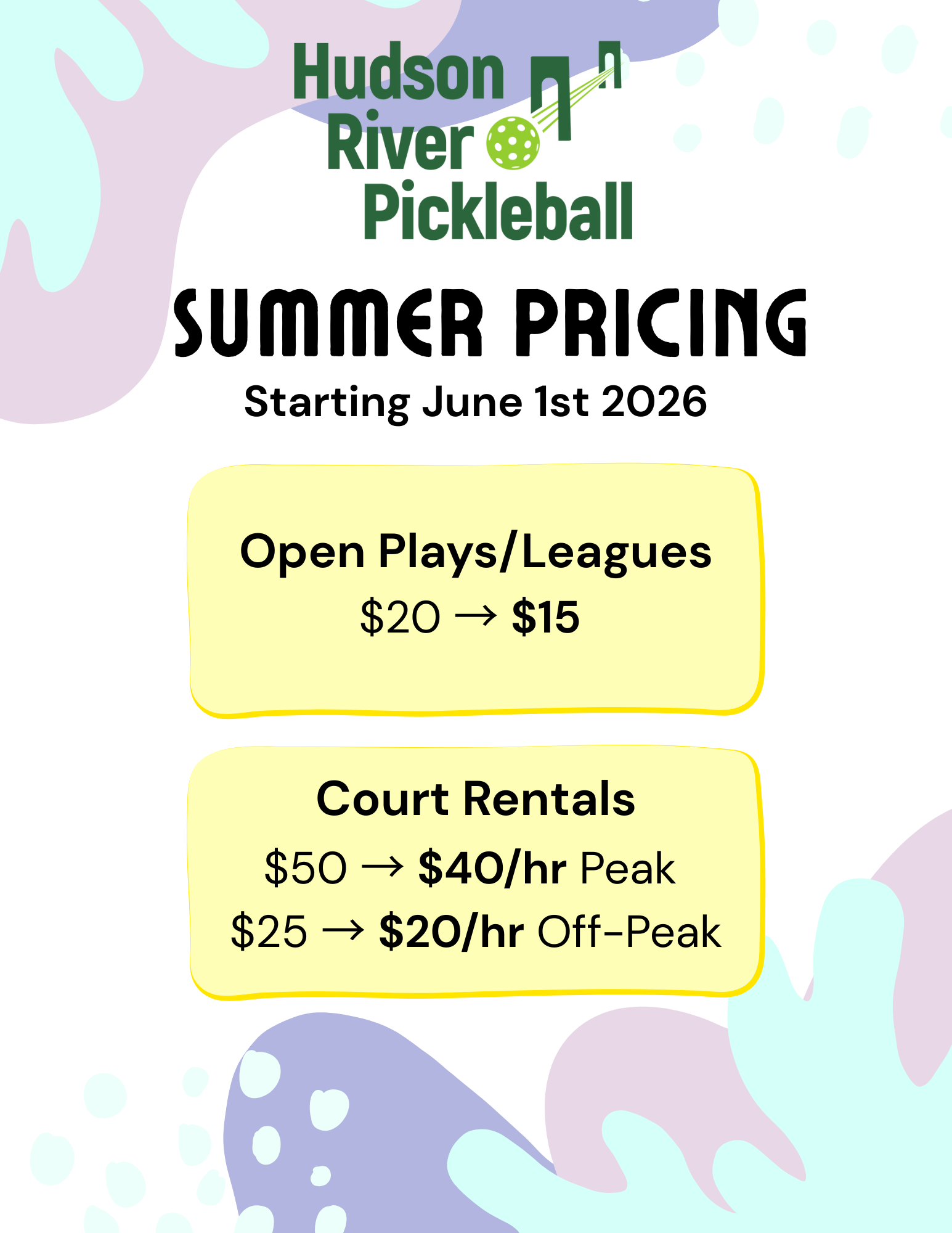 Hudson River Pickleball membership table comparing Non Member, Silver, and Gold levels with details on open play, walk-in play, replays, private court rental, ball machine, gear discount, demo paddles, booking time, and yearly price.