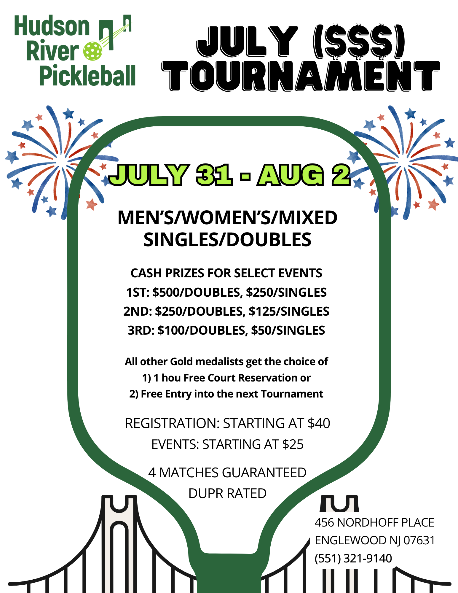 Hudson River Pickleball membership table comparing Non Member, Silver, and Gold levels with details on open play, walk-in play, replays, private court rental, ball machine, gear discount, demo paddles, booking time, and yearly price.
