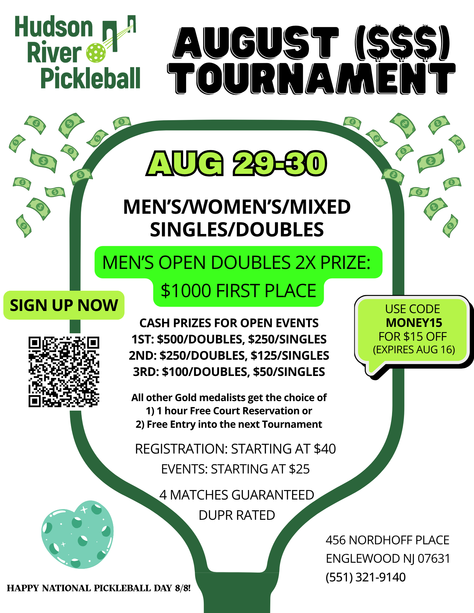 Hudson River Pickleball membership table comparing Non Member, Silver, and Gold levels with details on open play, walk-in play, replays, private court rental, ball machine, gear discount, demo paddles, booking time, and yearly price.