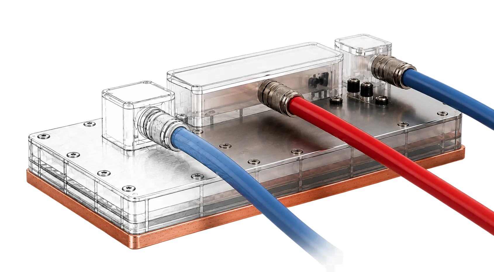 DaTEG® 2.0 active thermal management module connected to blue and red fluid lines.