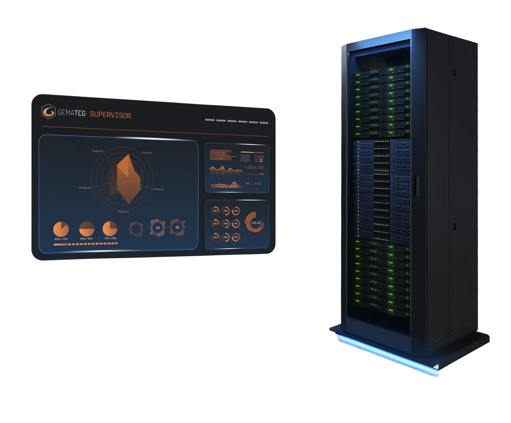 GemaTEG Supervisor software dashboard displayed beside a data center server rack.