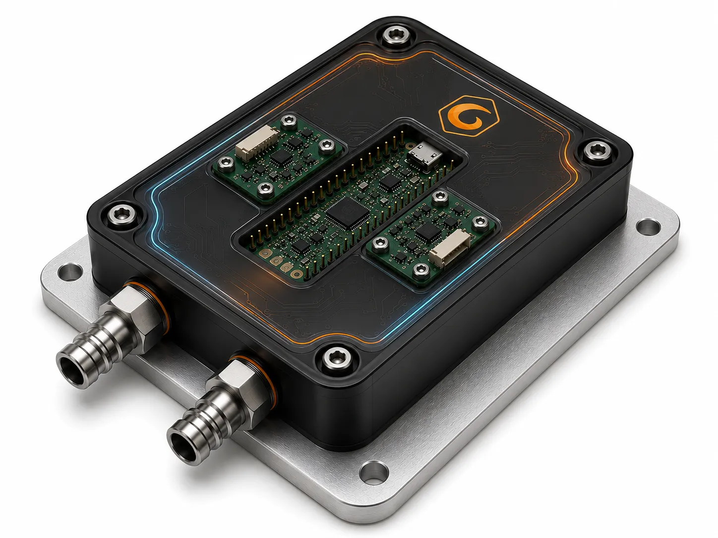 GemaTEG Smart Cold Plate with integrated control electronics and fluid connectors.