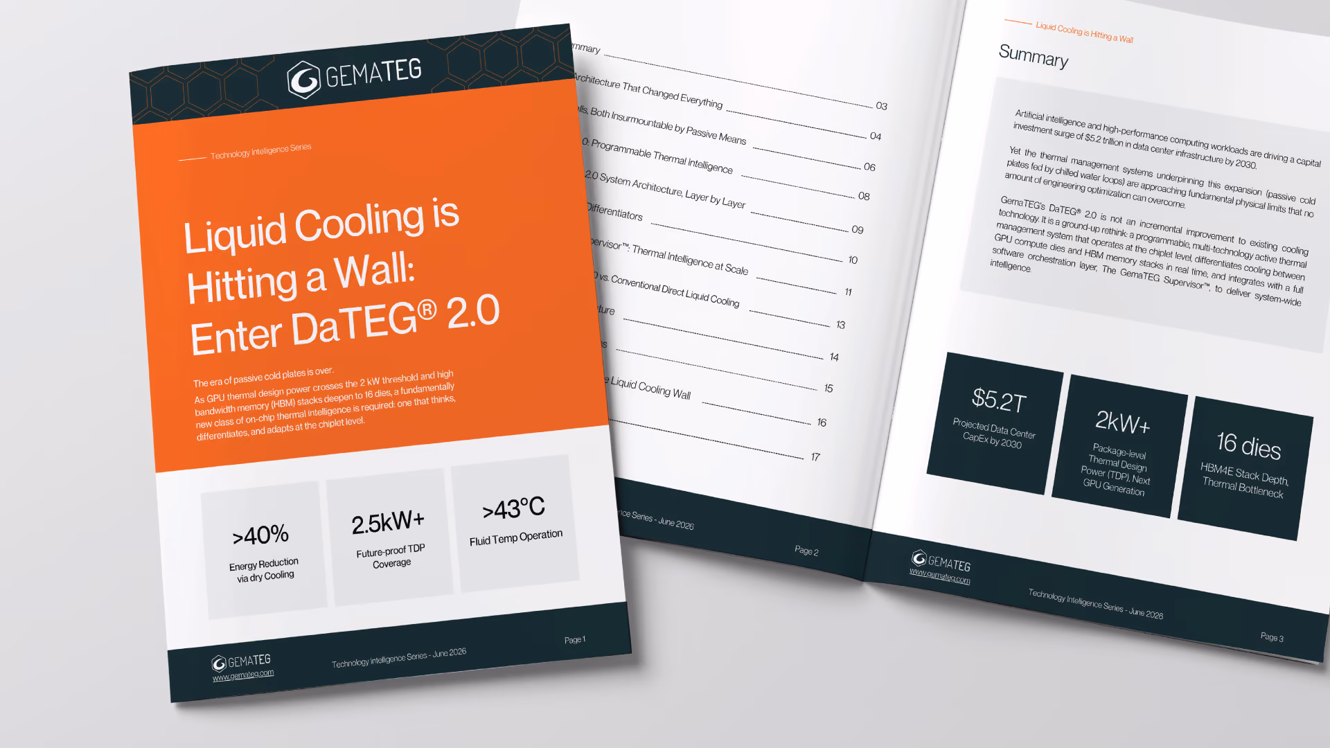 Technology white paper titled 'Liquid Cooling is Hitting a Wall: Enter DaTEG 2.0' by Gemateq, featuring key stats: over 40% energy reduction, 2.5kW+ future-proof TDP coverage, and fluid temperature operation above 43°C, alongside pages with summary and detailed contents about data center cooling technology advances.