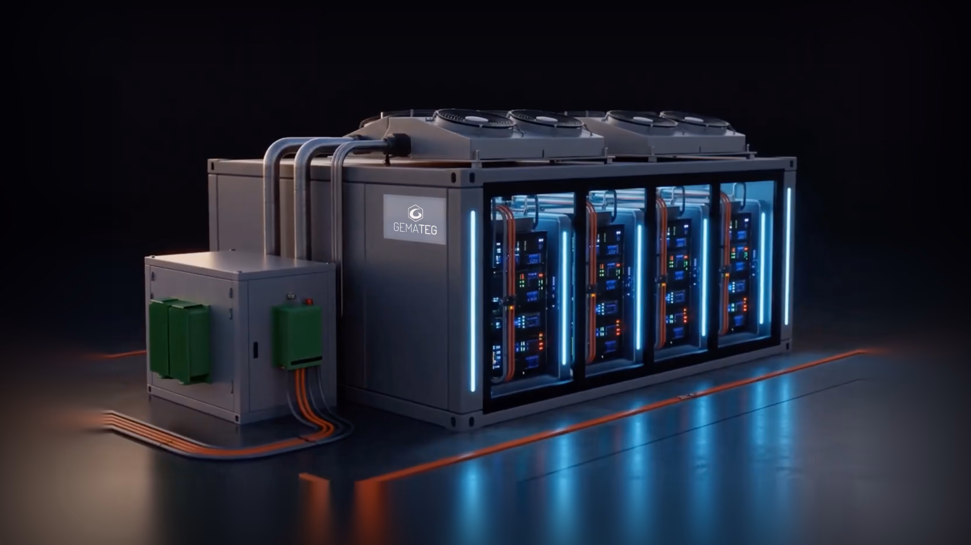 A high-tech server or data center unit with multiple vertical racks illuminated by blue LED lights, visible cooling fans on top, branded with the word GEMATEG, and connected by orange and black cables.
