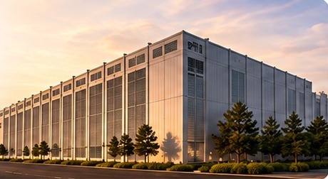 Large hyperscale data center building at sunset