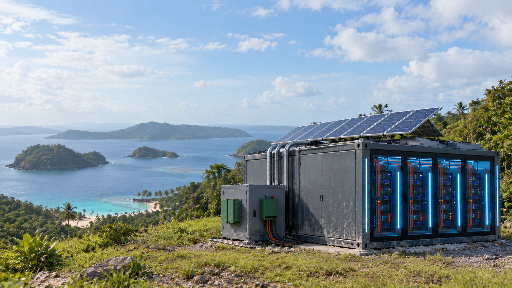 Solar-powered GemaPOD unit on a coastal island