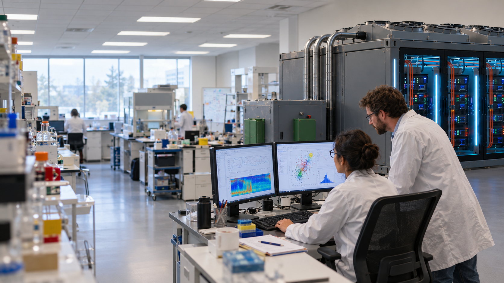Researchers working beside a GemaPOD unit in a lab