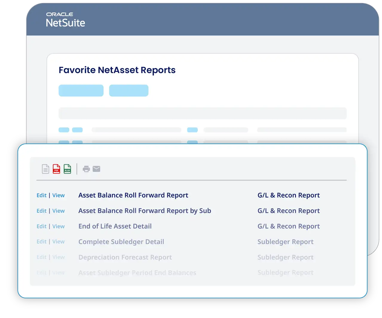 A screen displays Oracle NetSuite interface with a section titled "Favorite NetAsset Reports." Below, a detailed view lists various report options like "Asset Balance Roll Forward Report" and "G/L &amp; Recon Report," each with "Edit" and "View" links.