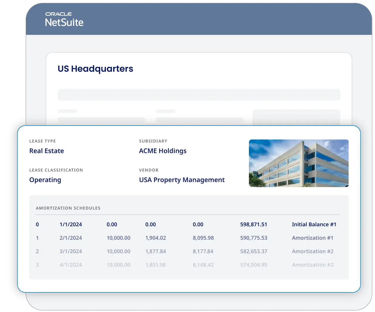 Netgain in NetSuite displaying a lease information panel, detailing lease type, subsidiary, vendor, and amortization schedules. An adjacent image shows a modern office building exterior. 