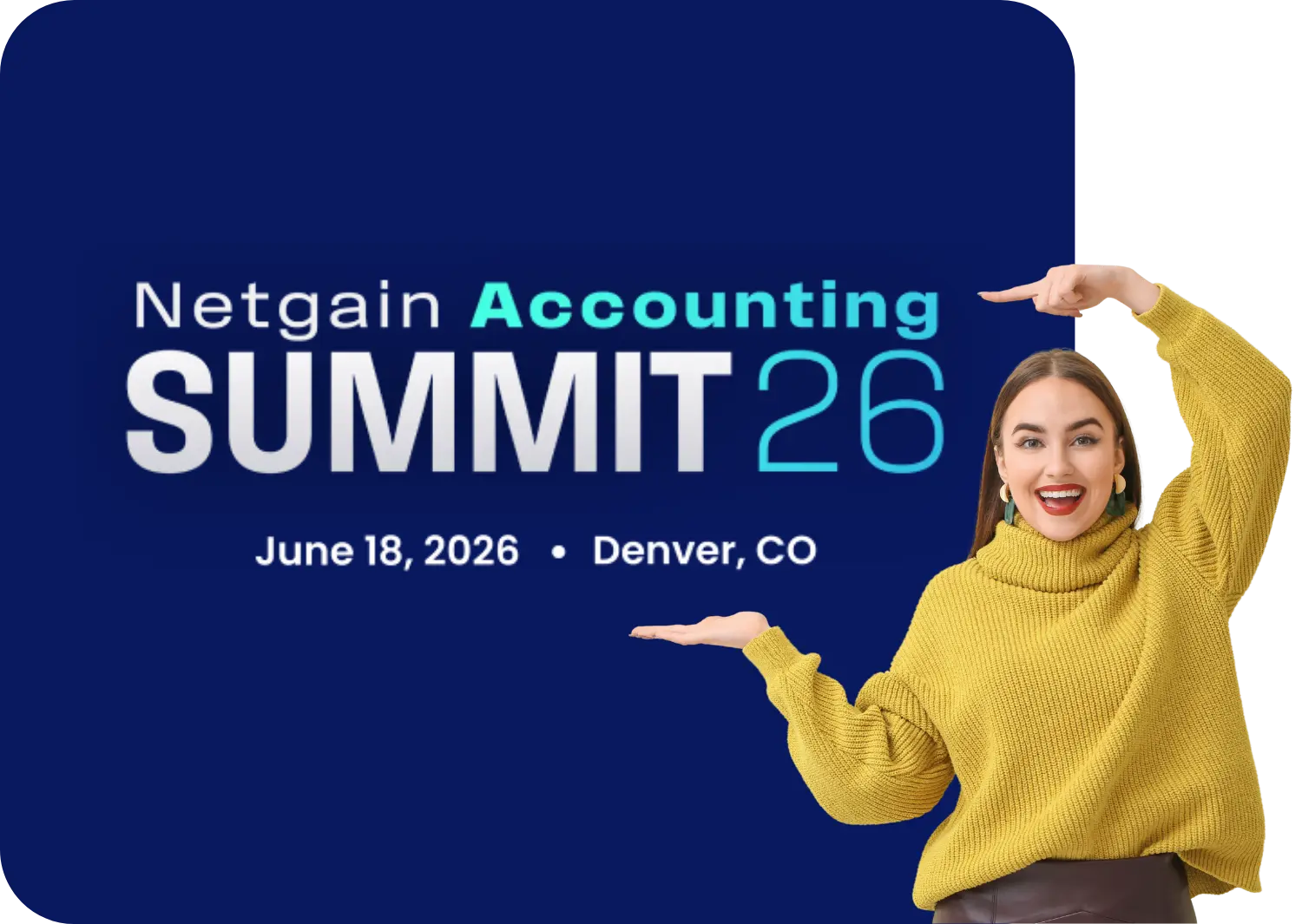 A girl pointing to the Netgain Accounting Summit 2026 sign