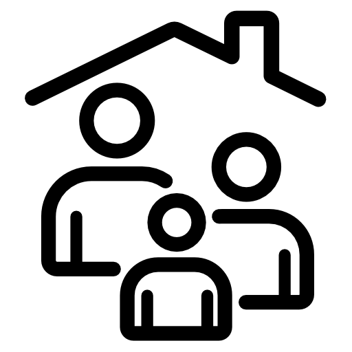 Icon of a house with a family of two adults and a child.