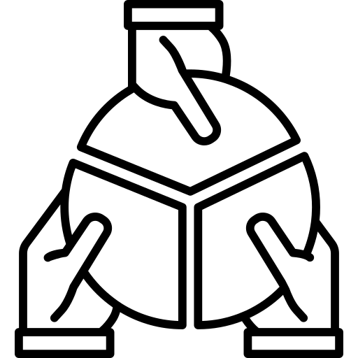 Icon of a circle surrounded by four dots, with two triangles overlapping in the middle.