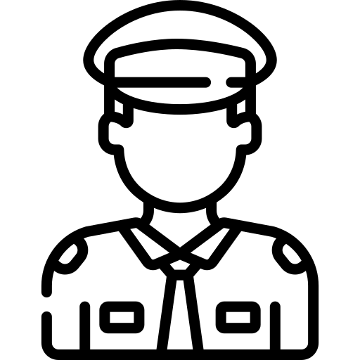 Silhouette of a police officer with a cap and service weapon, standing and looking into the distance.
