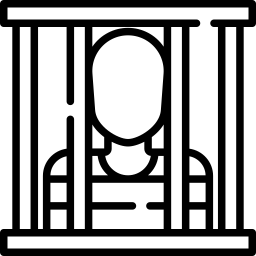 Illustration of a prison with a guarded gate, prison cells and cameras.