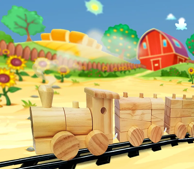 Wooden train with beautiful background landscape scene.