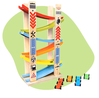 Wooden toy car ramp race with colorful tracks and four small toy cars in red, orange, blue, and green.