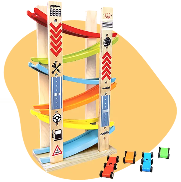 Wooden ramp race toy with 4 cars.