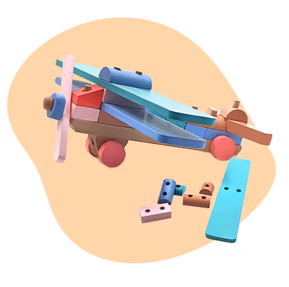 Colorful wooden toy airplane with detached parts on a light green background.