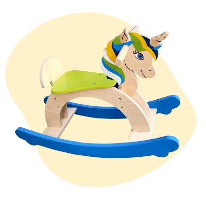 Wooden rocking unicorn toy with blue rockers, green seat, and mane in blue, yellow, and green colors.