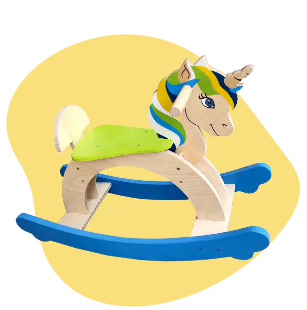 A unicorn themed rocking wooden toy.