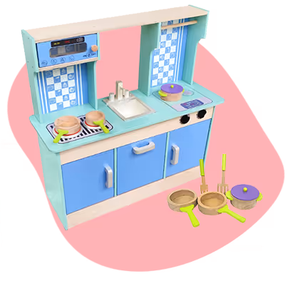 Blue and turquoise children's toy kitchen set with stove, sink, and multiple pots and utensils on a pink background.