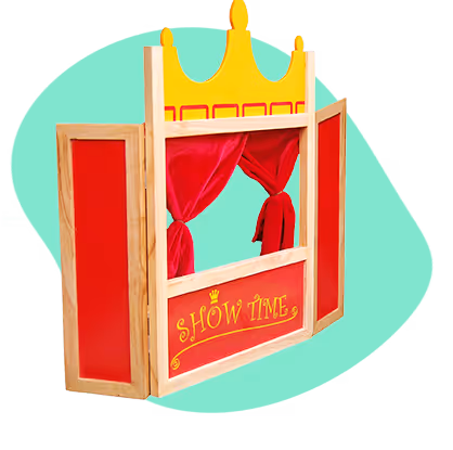 Wooden puppet theater with red curtains, a yellow crown decoration on top, and 'SHOW TIME' written in yellow on a red panel below the stage.