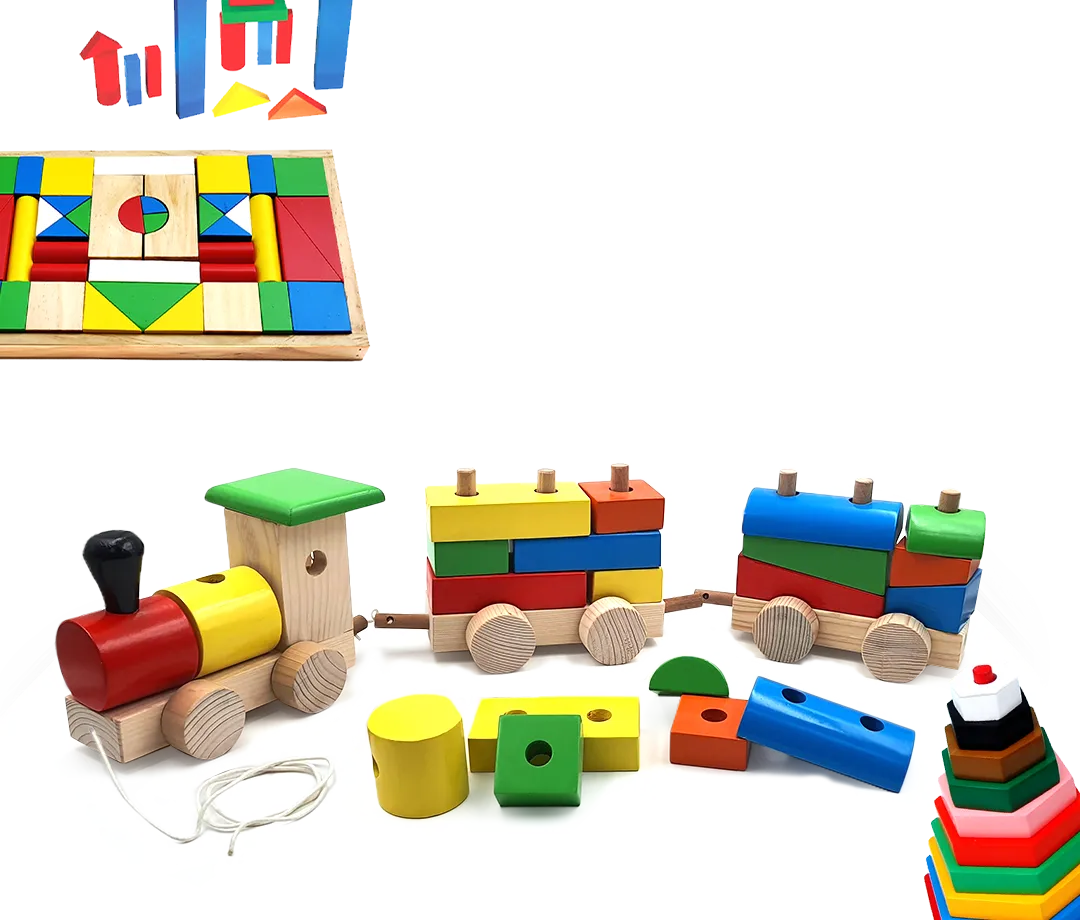 Building blocks and wooden train set.
