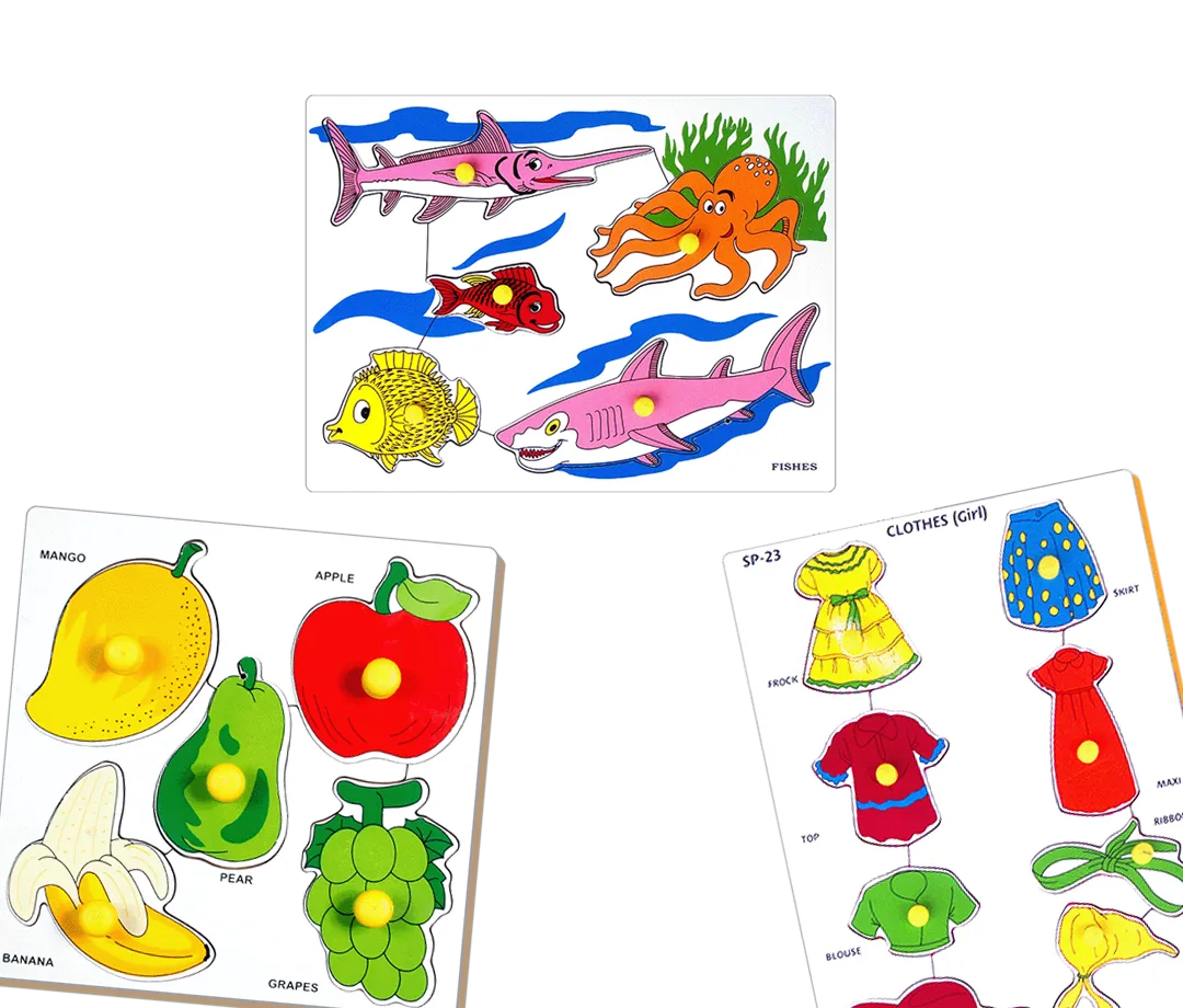 Three educational wooden puzzle boards showing colorful illustrations of fishes, fruits (mango, apple, pear, banana, grapes), and girl’s clothes like frock, skirt, top, blouse.