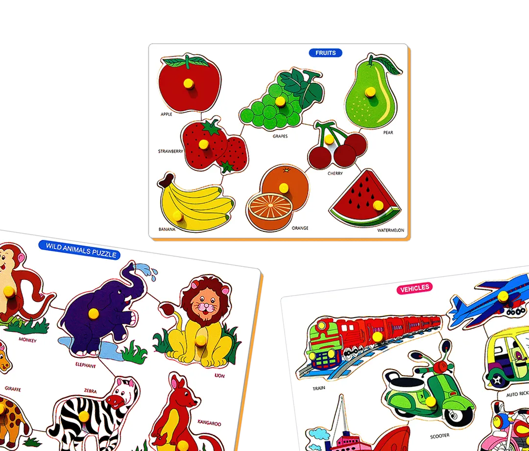 Three colorful wooden puzzles featuring cartoon-style fruits, wild animals, and vehicles with labeled pieces and yellow knobs.