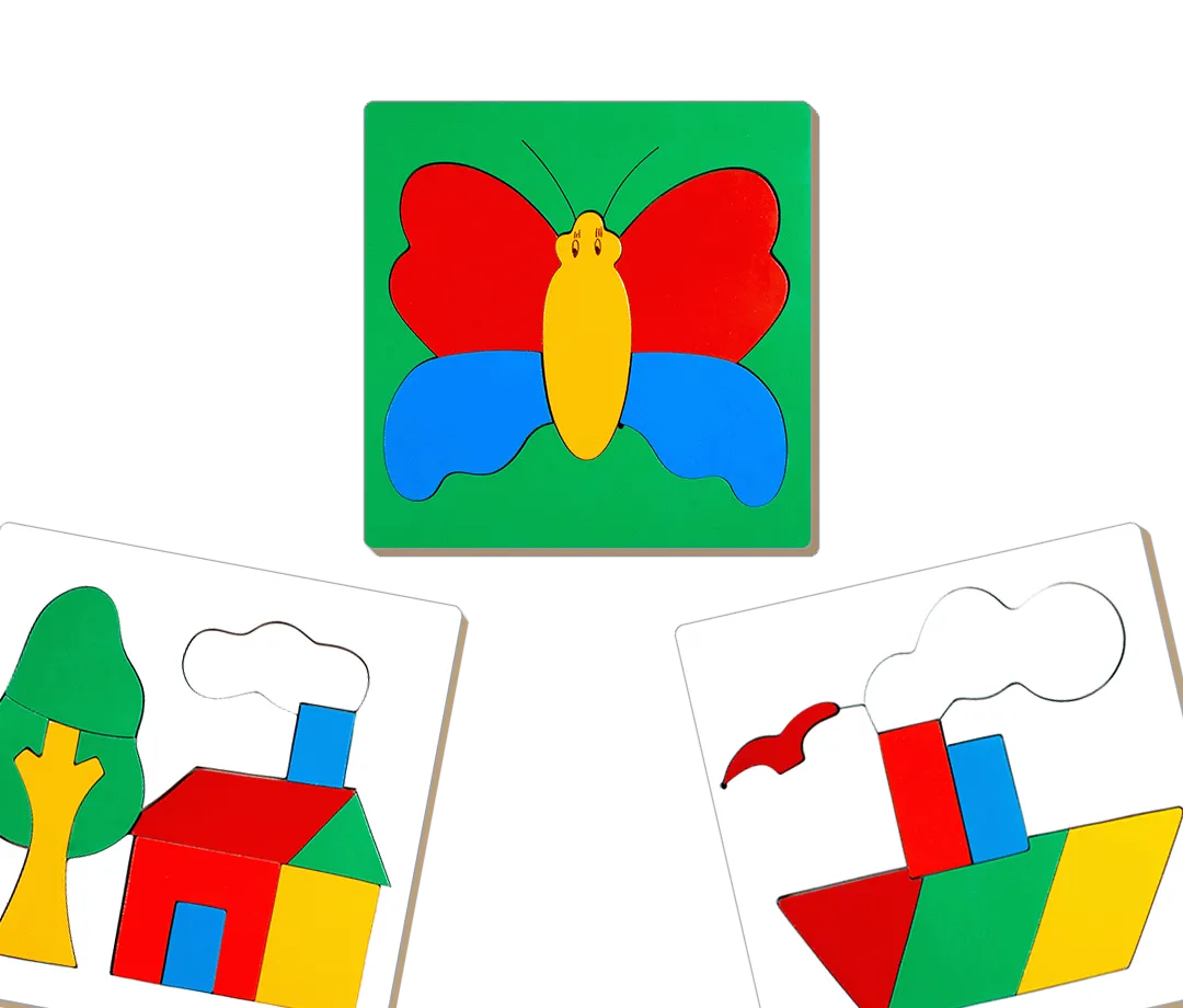 Three colorful wooden puzzles featuring a butterfly, a house with a tree, and a boat.