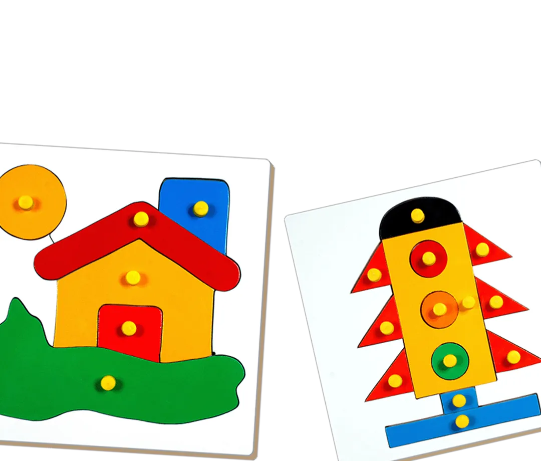 Two colorful wooden peg puzzles: one depicting a house with a red roof, yellow walls, blue chimney, orange sun, and green grass; the other resembling a layered shape with red, yellow, green, black, and blue pieces.
