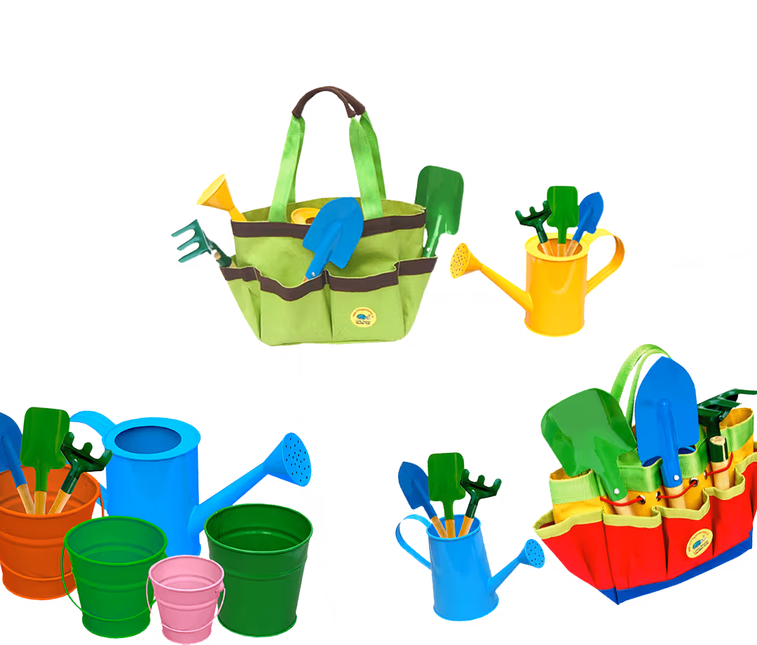 Colorful gardening tools including trowels, cultivators, watering cans, and small buckets arranged with green and red tool bags.