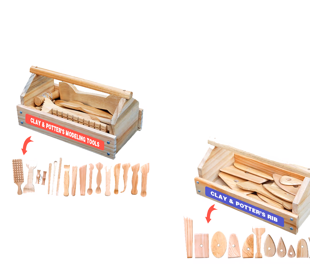 Two wooden toolboxes labeled 'Clay & Potter's Modeling Tools' and 'Clay & Potter's Rib,' containing various wooden pottery shaping tools laid out in front of each box.