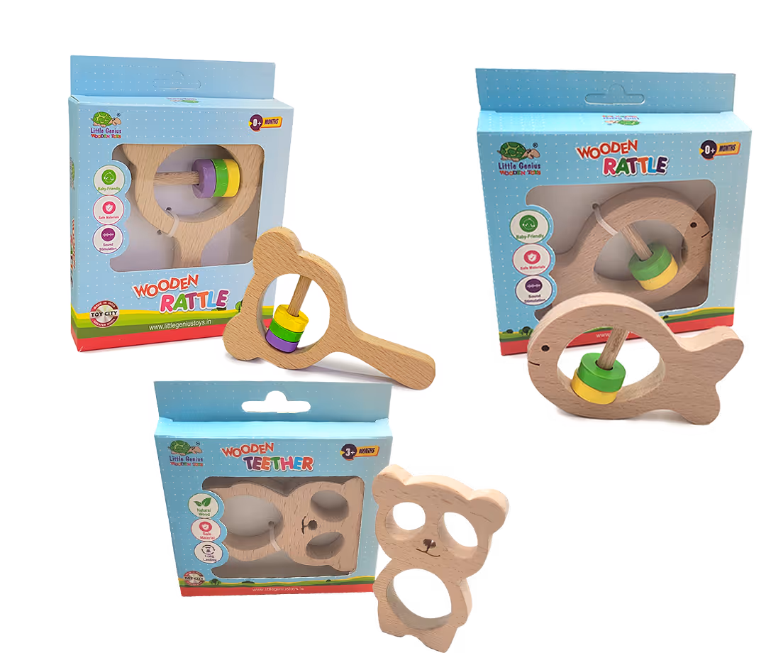 Three boxed wooden baby toys: two rattles with colorful beads and one bear-shaped teether.