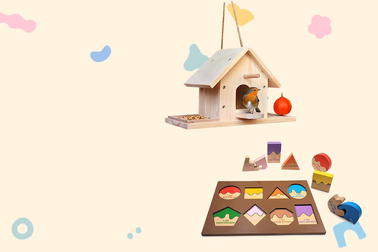 Wooden birdhouse with a robin perched inside, accompanied by a wooden shape puzzle with colorful geometric pieces on a light background.