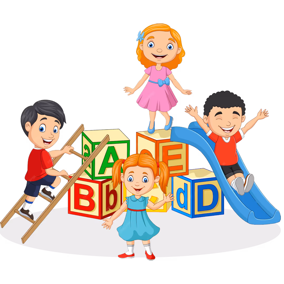 Four children playing on colorful alphabet blocks with a blue slide and a wooden ladder.