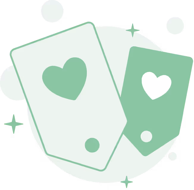 Two overlapping price tags with heart symbols surrounded by decorative stars and circles.