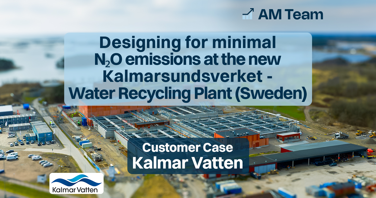 Designing for minimal N₂O emissions at the new Kalmarsundsverket - Water Recycling Plant (Sweden). Customer case Kalmar Vatten. Ariel view of the new Kalmarsundsverket - Water Recycling Plant (Sweden) with text overlay reading "Designing for minimal N₂O emissions at the new Kalmarsundsverket - Water Recycling Plant (Sweden)" and AM-Team and Kalmar Vatten logos.