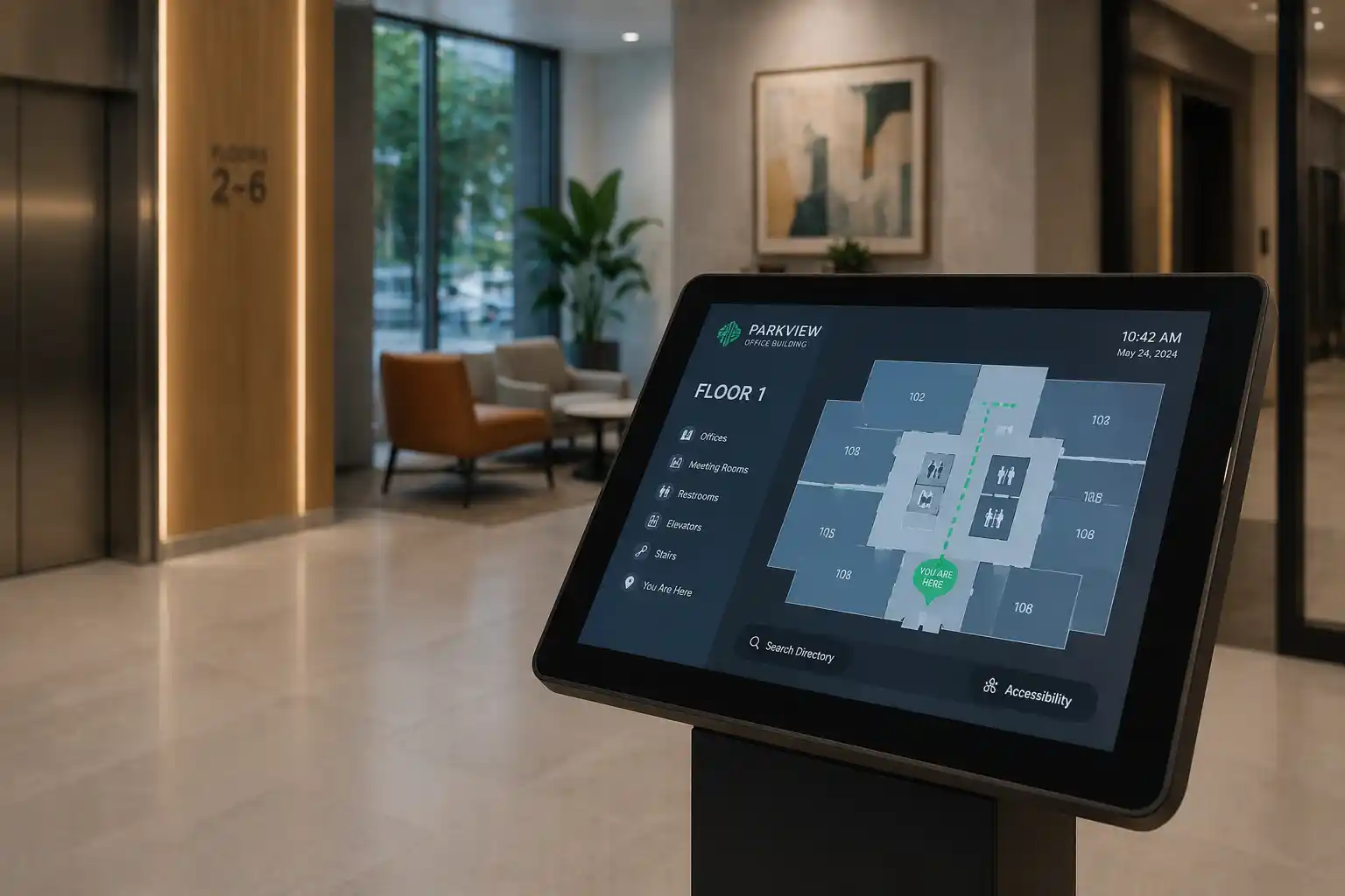 iPad running Kitcast in kiosk mode, displaying a floor plan
