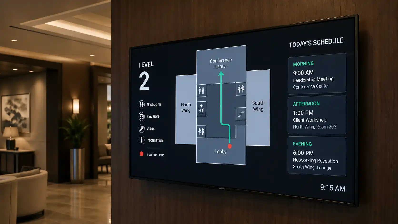 Wall-mounted TV running a static floor plan with directional graphics