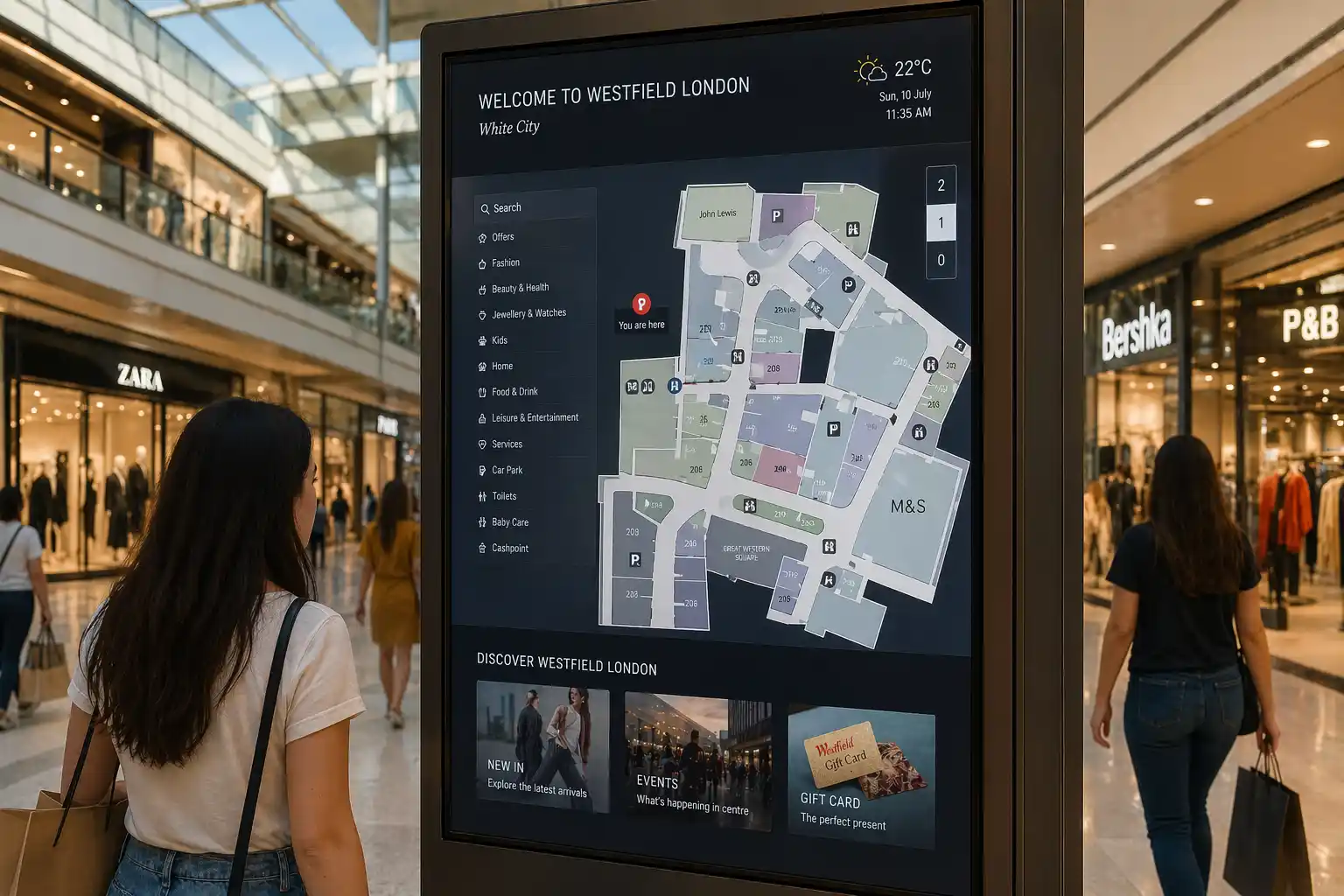 TV displaying a browser-based third-party wayfinding app — Mappedin, 22Miles, Cartogram