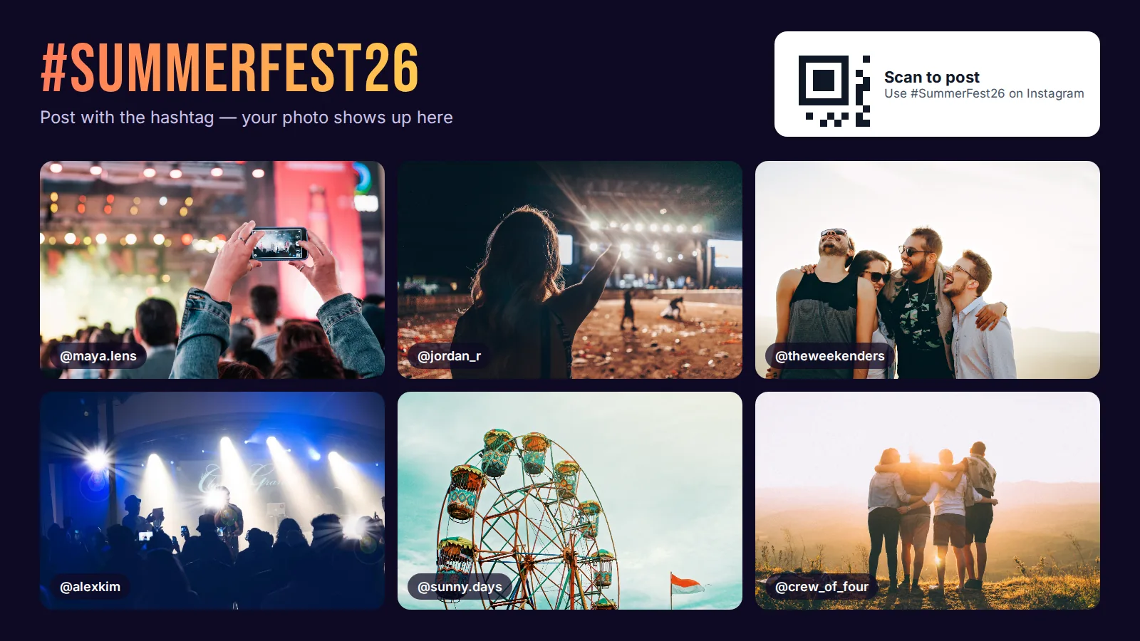 Event hashtag social media wall with a grid of guest photos and a QR code on a TV