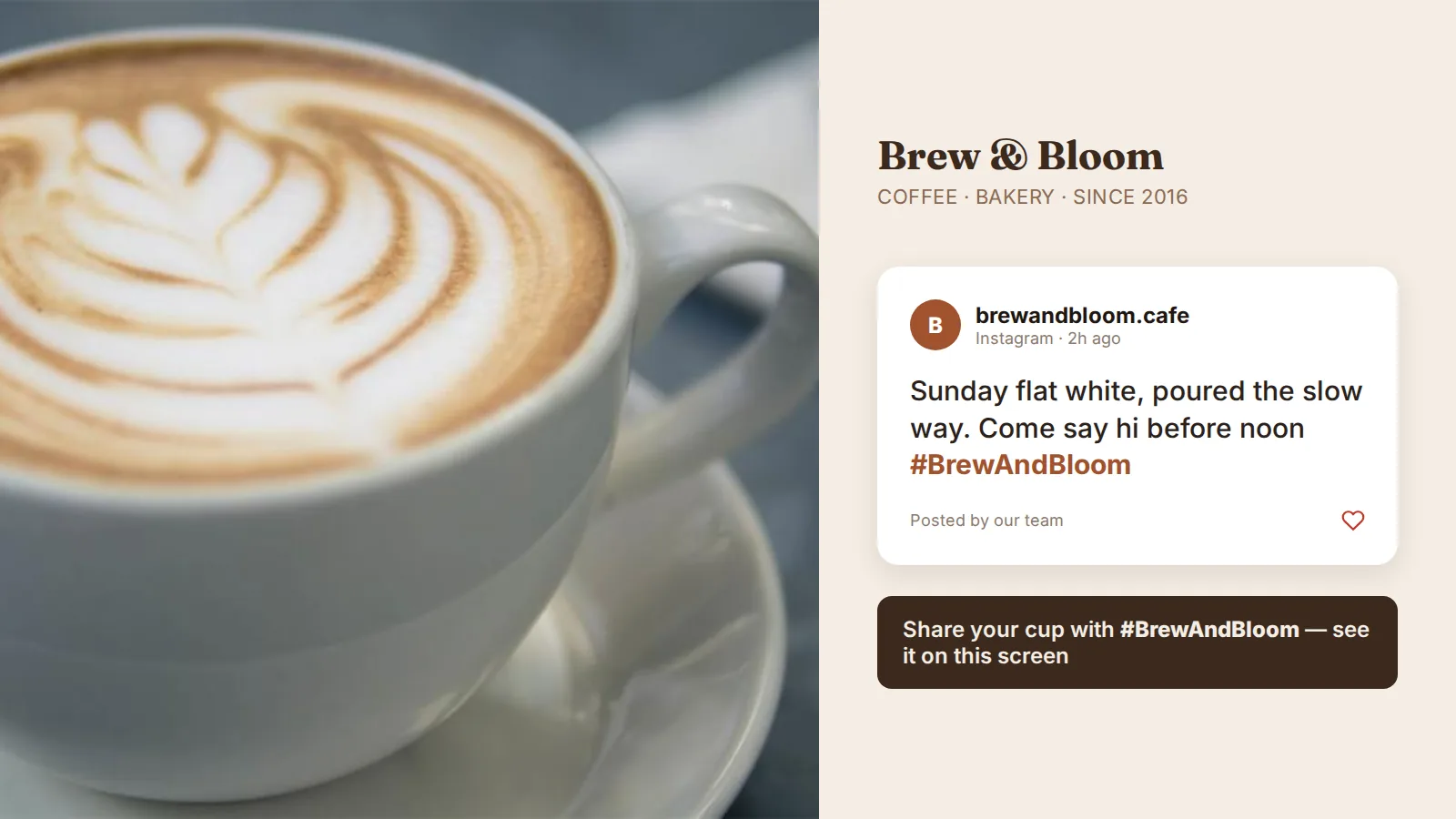 Instagram post from a café shown full-screen on a TV with Kitcast social media wall